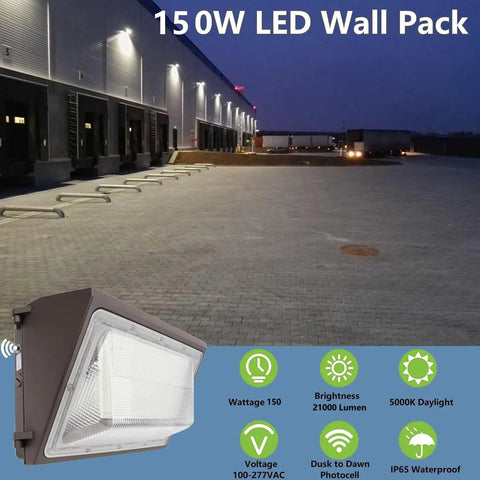 Beefy 150W LED Wall Pack Light With Photocell Sensor HPS HID Equivalent 21000 Lumens 5000K Daylight Exterior Security Lighting