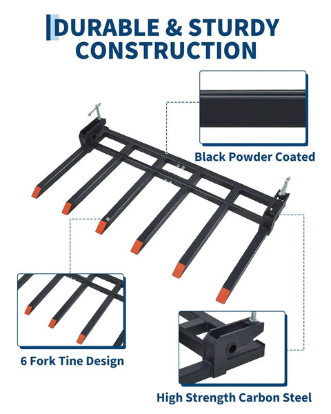 Beefy Clamp On Debris Forks For 60 Inch Tractor Buckets, 4400 Lb Capacity, detailed construction view, black powder-coated steel