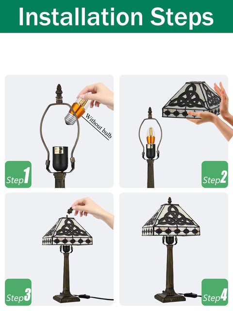 Installation steps for Lit Tiffany Style Table Lamp With Stained Glass Shade Irish Celtic Design 17500 Lumens Fairy Night Light E26 Bulb Socket Bronze Metal Base On Off Switch Home Office Decor Gift For Saint Patrick's Day