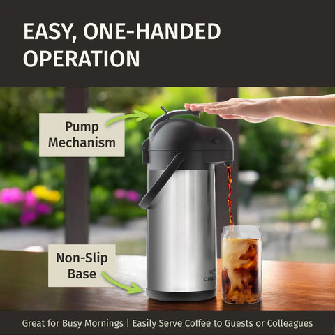Insulated Stainless Steel Airpot Carafe With Pump 102oz 3L for Parties, easy one-handed operation and non-slip base shown outdoors.