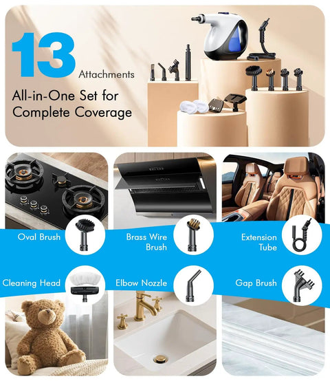 Handheld Steam Cleaner Instant Heat Up 3 Seconds For Homes Quick No Wait Heavy Duty High Temp Sanitizer with 13 attachments.