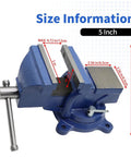 5 Inch Ductile Iron Bench Vise With 360 Degree Swivel Lock Base showing detailed size measurements