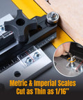 Precision Table Saw Thin Rip Jig Sliding Guide with metric and imperial scales for cutting wood strips down to 1/16".