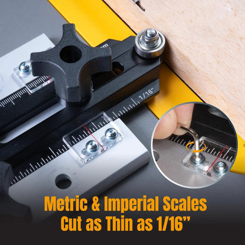 Precision Table Saw Thin Rip Jig Sliding Guide with metric and imperial scales for cutting wood strips down to 1/16".