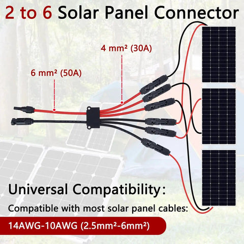 Diagram of Solar Panel Parallel Connector Kit For 2 To 6 Panels Y Branch Cable Splitter With Tool Free MC4 Design showing connections and specifications.