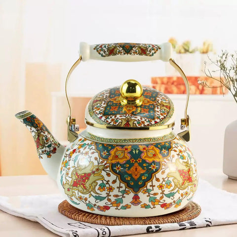 Floral Enamel Tea Kettle With Ceramic Handle Two And A Half Liter Capacity Vintage Gold Beige Boho Porcelain Teapot For Stovetop Tea Or Coffee