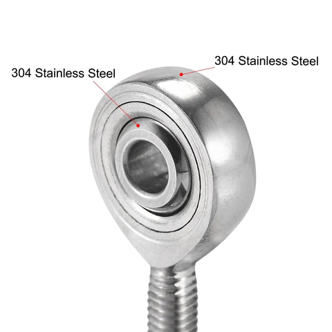 6mm Bore Rod End Bearing With M6x1 Right Hand Male Thread In Stainless Steel, Self Aligning Workhorse Joint For Precision Machinery, 9 Degree Angular Misalignment, Corrosion Resistant, 25mm Thread Length, 304 stainless steel close-up