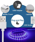 Lit 6.6Ft Black Light Strip with 120 UV LEDs 395-400nm USB 5V showing plug and play features with USB adapter and devices