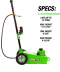 22 Ton Heavy Duty Air Hydraulic Floor Jack With Low Profile Design shown upright with specs, green color