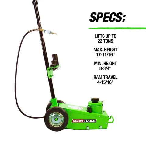 22 Ton Heavy Duty Air Hydraulic Floor Jack With Low Profile Design shown upright with specs, green color