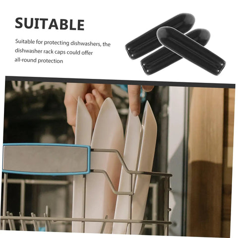 200 Pack Black Plastic Dishwasher Rack Prong Tip Covers Heavy Duty Replacement Caps in use on a dishwasher rack.