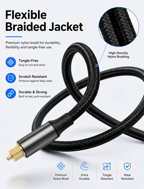 Toslink Digital Optical Audio Cable 6.6 Feet Fiber Optic Braided Cord featuring flexible nylon braid for durability and tangle-free use.