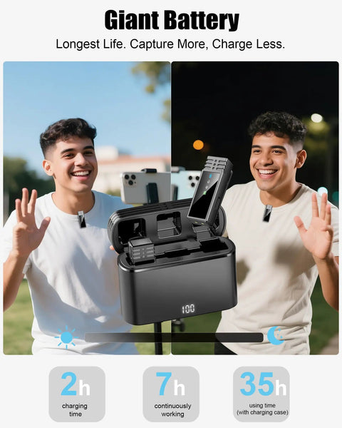 Go To Studio Quality Wireless Lavalier Microphone For iPhone And Android All Day 24H Charging Case with noise reduction