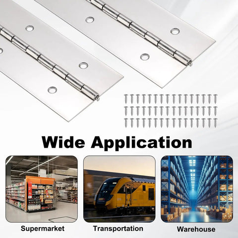 Heavy Duty Piano Hinge 24 X 2 Inch 304 Stainless Steel Continuous Hinge 2 Pack with screws for cabinet doors and wooden boxes.