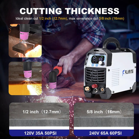 Image showcasing 65 Amp Non Touch Pilot Arc Plasma Cutter with digital display in use for clean cuts at a home workshop.