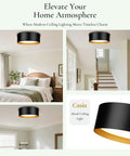 Two Light Frosted Glass Flush Mount Ceiling Light In Black With Gold Inner Accent Sleek Modern Vibe Metal Fixture for bedroom