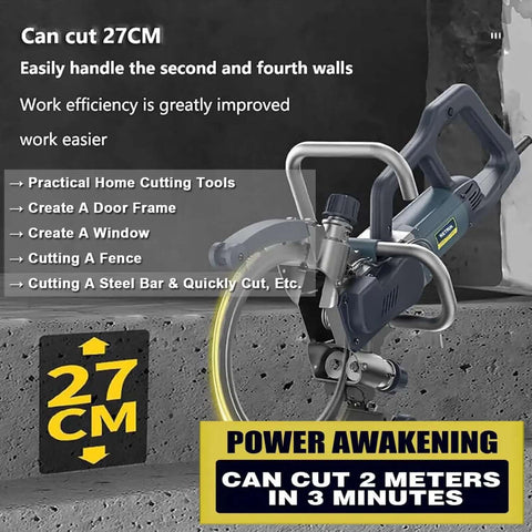 Pro Grade 8800W Electric Circular Saw Featuring 27 Cm Deep Cutting Grooves For Concrete Granite Porcelain And Wood With Pure Copper Brushless Motor At 3000 Rpm Includes Dual Diamond Blades To Knock Out Tough Projects cutting through concrete with clear depth markings.