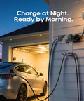 Level Two Ev Portable Charger For Tesla And Nacs Rides Offering Straight Plug Setup With 32 Amp 240V Power Via Nema 14 50 Outlet And 25 Foot Cord Adjustable Ampage mounted on garage wall with Tesla charging.