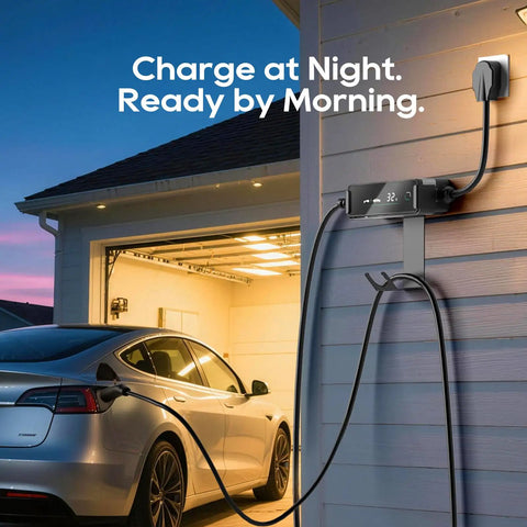 Level Two Ev Portable Charger For Tesla And Nacs Rides Offering Straight Plug Setup With 32 Amp 240V Power Via Nema 14 50 Outlet And 25 Foot Cord Adjustable Ampage mounted on garage wall with Tesla charging.