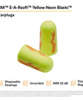 Neon Yellow E A Rsoft Foam Ear Plugs with NRR 32 dB, visible flame design, disposable, soft foam for industrial noise reduction.