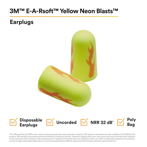 Neon Yellow E A Rsoft Foam Ear Plugs with NRR 32 dB, visible flame design, disposable, soft foam for industrial noise reduction.