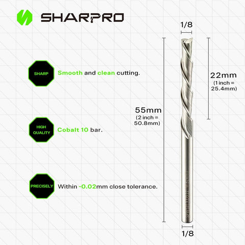 One Eighth Inch Shank Spiral Downcut Router Bit For Woodworking And CNC Solid Carbide End Mill showing dimensions and features