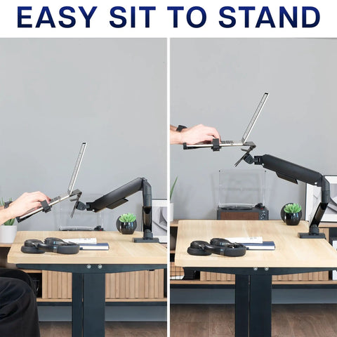 Built Tough Adjustable Laptop Desk Mount For 10 To 15.6 Inch Notebooks With Heavy Duty C Clamp and Grommet Vesa Bracket in use adjusting height.