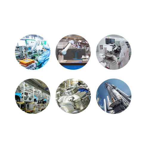 Various industrial settings with machinery and workers, illustrating diverse manufacturing processes and operations.