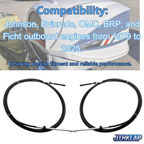 15 Foot Throttle Shift Remote Control Cable For Outboard Engines Including Evinrude OMC BRP Ficht 1979 2025 Replace OE 0173115 173115 Delivers Smooth Gear Shifts And Easy Install For Boat Buffs with engine compatibility text and cables visible.