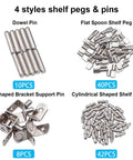 Top Shelf 100 Piece Nickel Plated Shelf Pins Kit With Four Styles For Cabinets Closets And Furniture Heavy Duty Zinc Alloy Pegs No Sweat Assembly Quick Change Design Guaranteed. Four styles of shelf pegs in different counts.