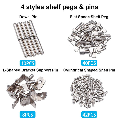 Top Shelf 100 Piece Nickel Plated Shelf Pins Kit With Four Styles For Cabinets Closets And Furniture Heavy Duty Zinc Alloy Pegs No Sweat Assembly Quick Change Design Guaranteed. Four styles of shelf pegs in different counts.