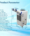 Built Tough Industrial Air Conditioner 18700 BTU Portable AC With 14L Tank And Digital Control showing dimensions and features.