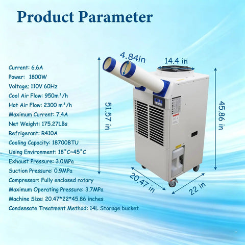 Built Tough Industrial Air Conditioner 18700 BTU Portable AC With 14L Tank And Digital Control showing dimensions and features.