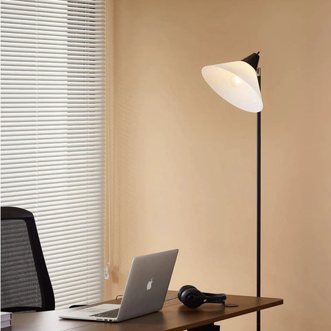 Free Standing Floor Lamp With Adjustable Head And Frosted White Acrylic Cone Shade For Living Room Office And Bedroom next to desk