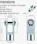 Dimensions of Two Pack Air Cylinder Y Connector Set With Clevis End For M16x1.5 Female Thread, Y63, 63mm Bore, 78mm Overall Length