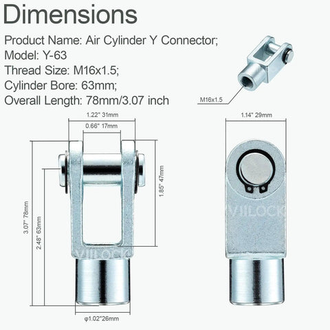 Dimensions of Two Pack Air Cylinder Y Connector Set With Clevis End For M16x1.5 Female Thread, Y63, 63mm Bore, 78mm Overall Length