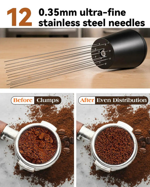 Top Shelf Espresso Accessories Kit Featuring A Dead Nuts Accurate 58mm Tamper Pro Grade Coffee Distributor and Heavy Duty WDT Tool with 12 stainless steel needles.