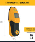 Yellow Stud Finder And Wall Scanner with Wire Warning Detection and Signal Strength, shown with dimensions and battery requirement.