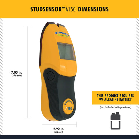 Yellow Stud Finder And Wall Scanner with Wire Warning Detection and Signal Strength, shown with dimensions and battery requirement.