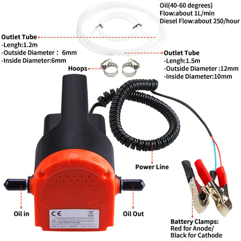 12V 100W Oil Change Pump Extractor with hoses, clamps, and power line for fast clean oil draining in marine and automotive use