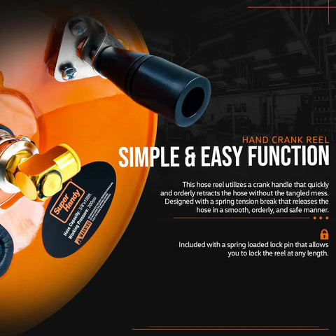Close-up of orange retractable hand crank air hose reel with handle, featuring simple and easy function text.