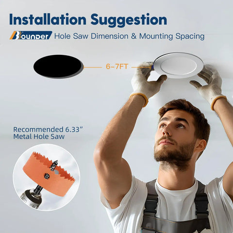 Man installing 24 Pack 6 Inch Ultra-Thin LED Recessed Canless Downlights with Junction Box, 5CCT selectable, dimmable, easy install