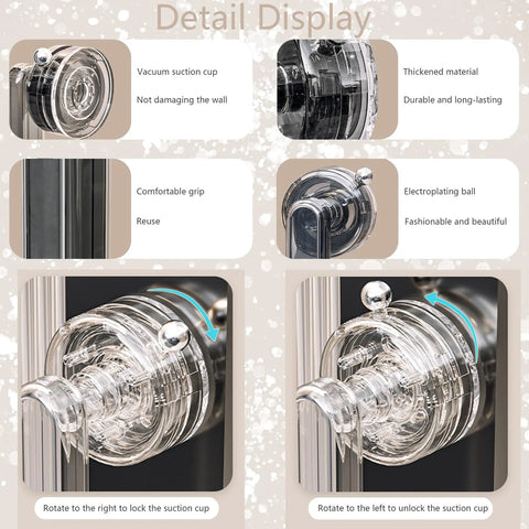 Detail display of Powerful Large Suction Cup Handle for Glass, featuring vacuum suction, thickened material, durable PET+ABS build.