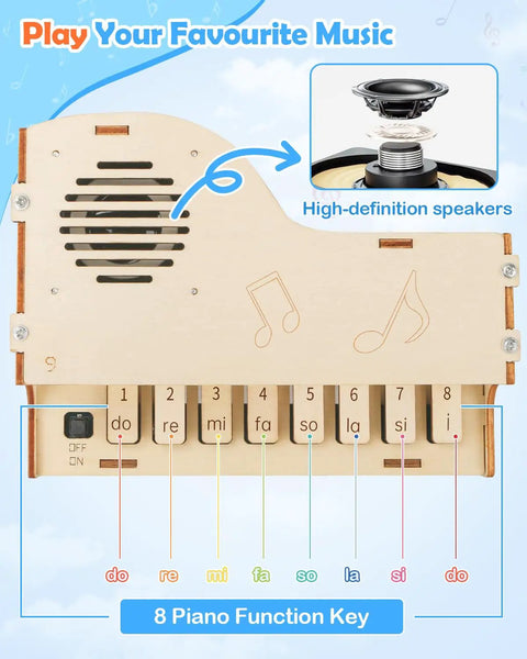 Totally Fun Playable Wooden Piano STEM Toy Kit For Kids And Teens Buildable 3D Puzzle Craft Set For Girls And Boys Ages 8 9 10 11 12 13 14 15 16 Kid Approved Educational Musical Gift For Holidays And Birthdays, 8-key wooden piano front view