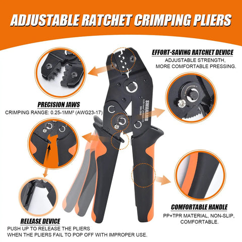 Self Adjusting Ratchet Crimping Tool Kit For AWG 23 To 17 Wire with orange handle and precision jaws