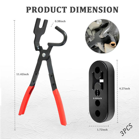 Exhaust Hanger Removal Tool Kit with 2 Four Hole Hangers and Pliers, 11.42 inch pliers, essential car accessory for exhaust removal