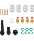 TIG Welding Torch Parts Kit For WP17 WP18 WP26, 22 Piece Stubby Gas Lens And 10 Glass Cups laid out in rows on white background