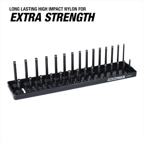 3/8 Inch Metric Socket Organizer With Dual Rail For Deep And Shallow Sockets, Holds 6 mm To 20 Mm, Labeled Posts