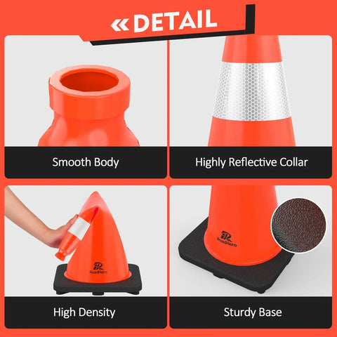 Detailed view of Eight Pack 18 Inch Traffic Safety Cones With Heavy Weighted Base, Bright Orange PVC With 360 Reflective Collar