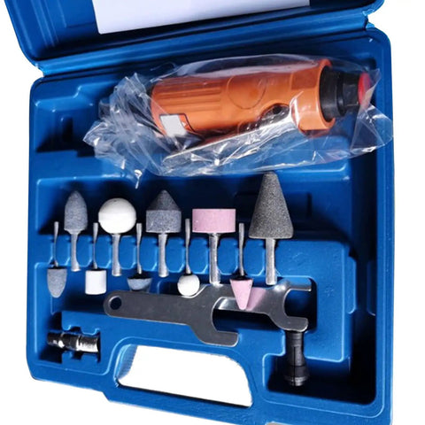 Hardcore Aluminum Air Die Grinder 16 Piece Pneumatic Power Tool Kit With 3mm And 6mm Quick Swap Collets and grinding bits in case.